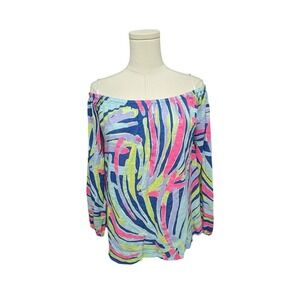 LILLY PULITZER Small Top‎ Enna Off Shoulder Indigo Stripes Boho Resort